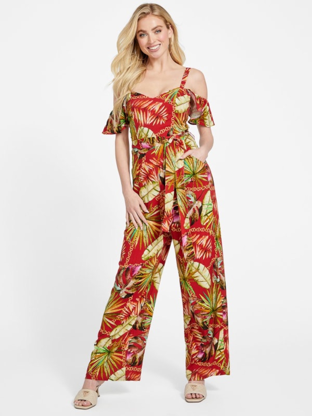 🌺✨ NWT GUESS Zelma Y2K Tropical Shadow Printed Jumpsuit – Size Small ✨🌺